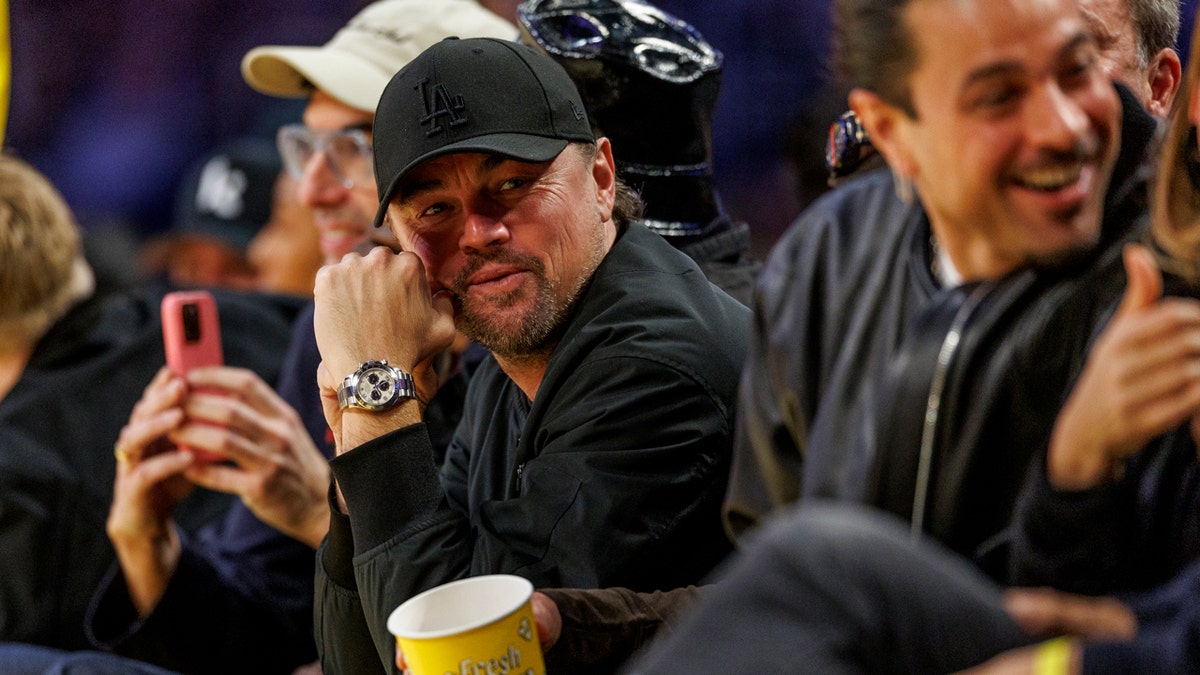 Leonardo DiCaprio wears a hat at a sports game