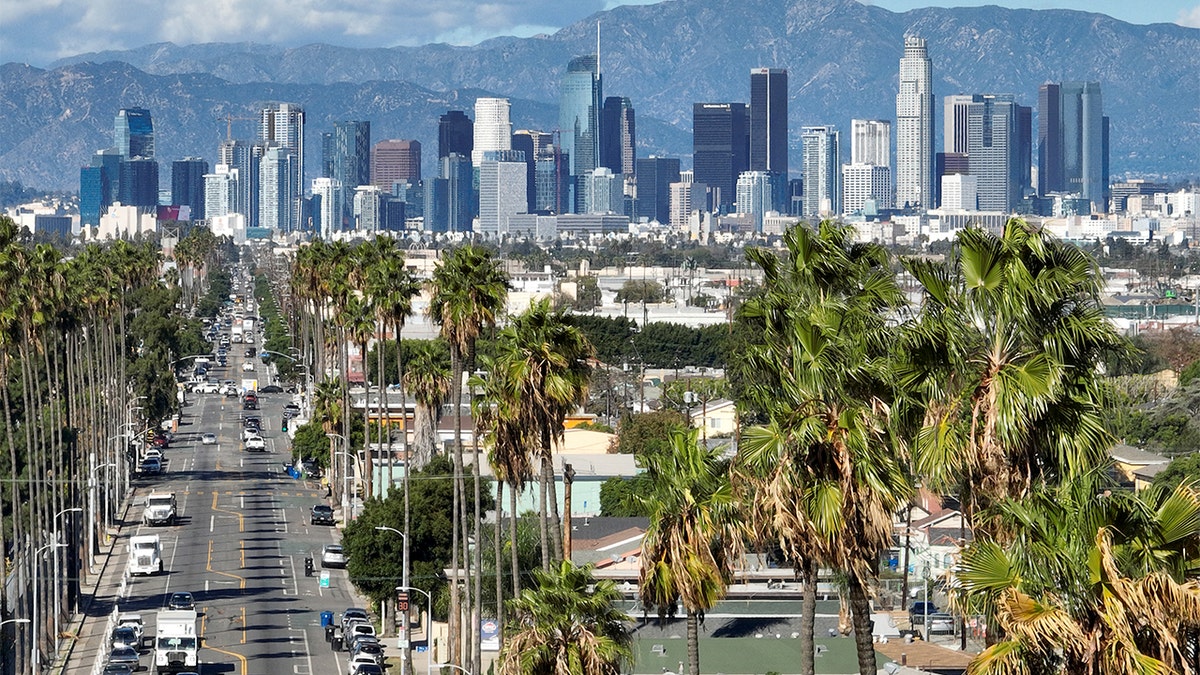 Clear post-storm conditions reveal a long, open view up a residential boulevard in South Los Angeles.