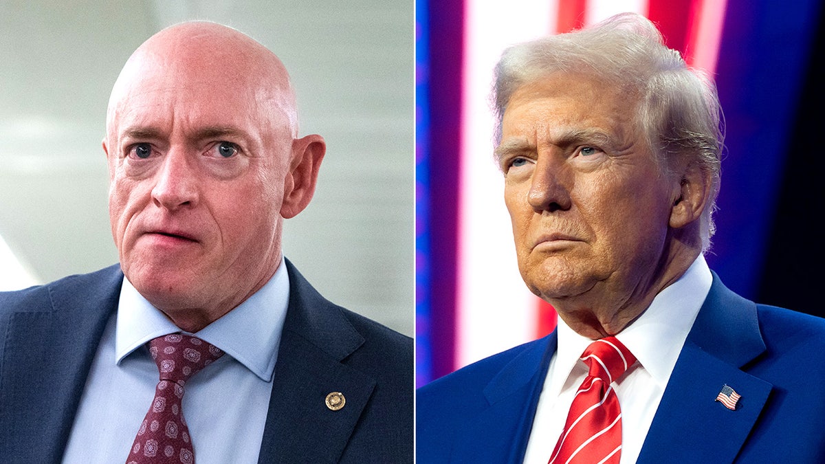 Split-screen image showing Sen. Mark Kelly on the left and President Donald Trump on the right.