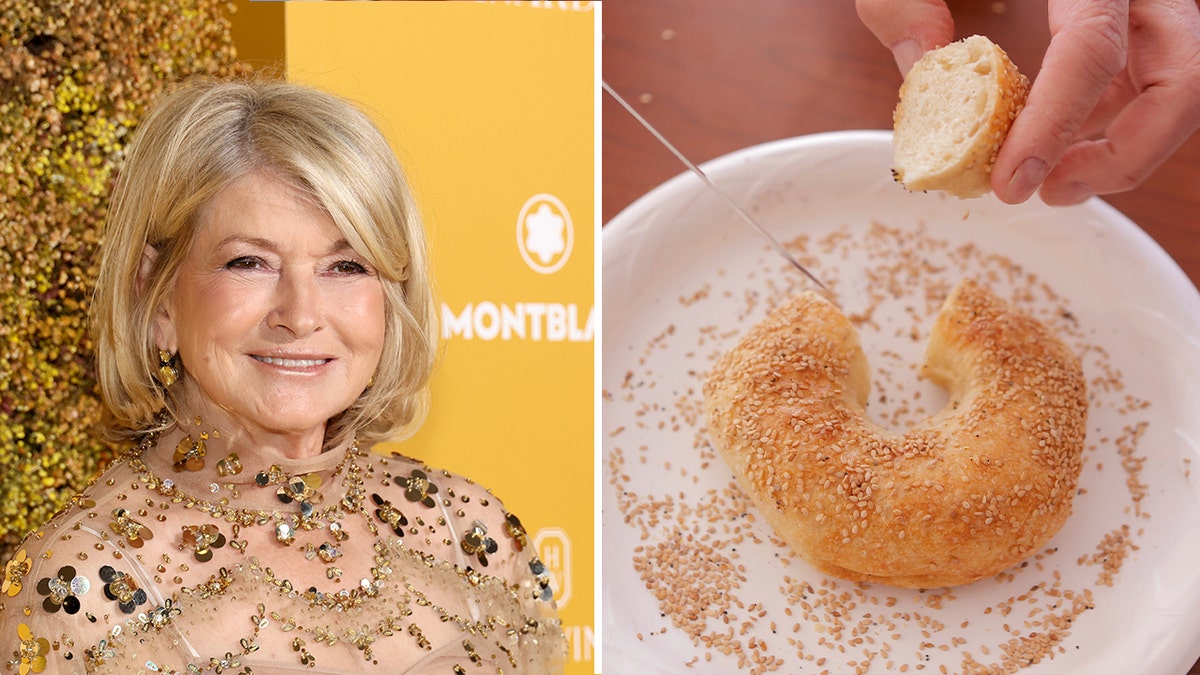 Martha Stewart is on the left in a sparkly top. The image is split with a bagel cut into a slice on a place.