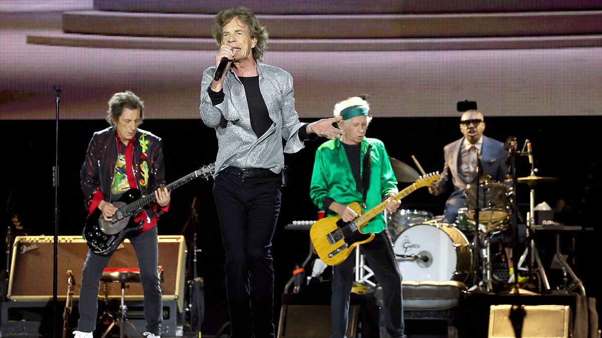 Ronnie Wood, Mick Jagger, Keith Richards and Steve Jordan of The Rolling Stones perform onstage during The Rolling Stones 'STONES TOUR '24 HACKNEY DIAMONDS' at SoFi Stadium on July 10, 2024 in Inglewood, California. 