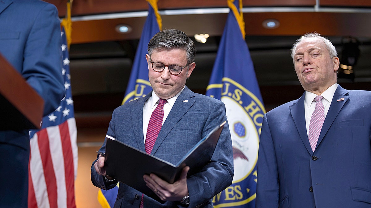 Mike Johnson and Steve Scalise speak to the press