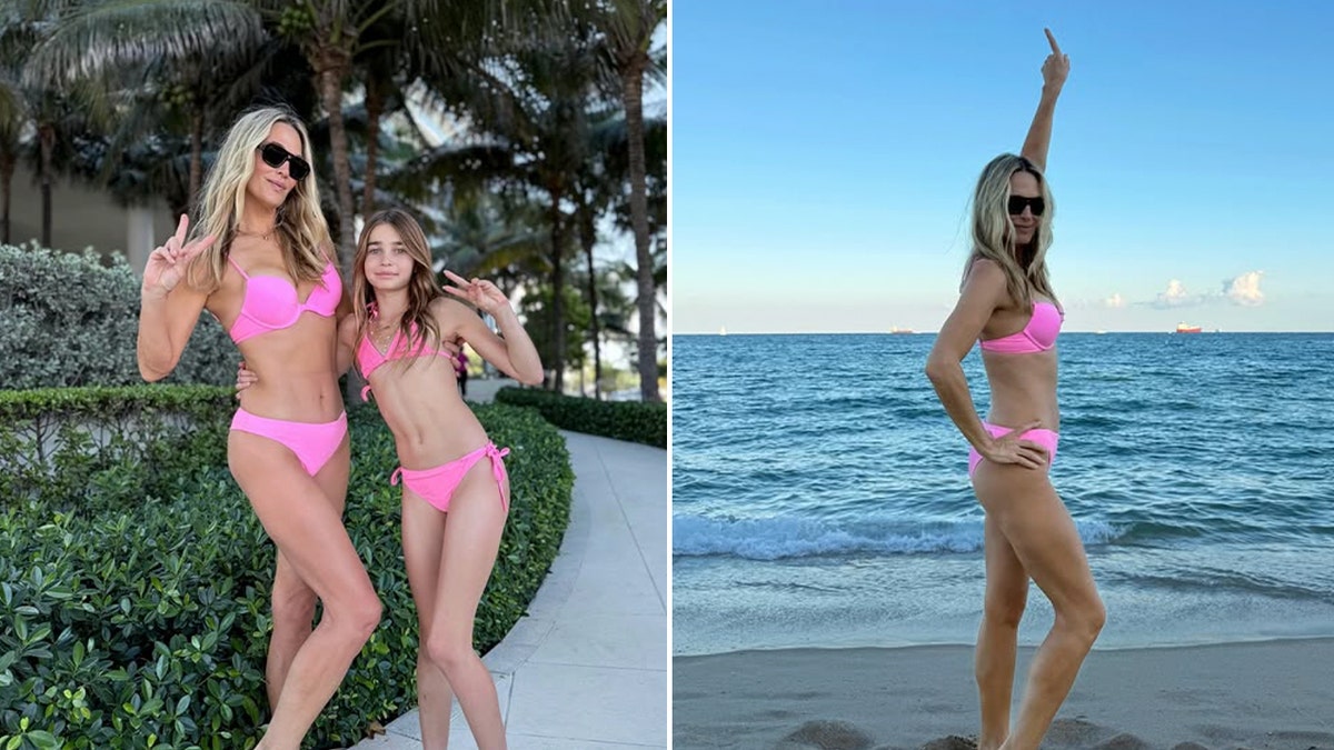 Side by side where Molly Sims poses in a pink bikini alongside her daughter during a family getaway in Miami.