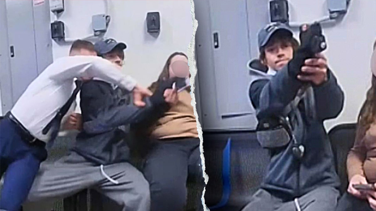 A security worker restrains a suspect holding a gun inside a Walmart security room as a woman recoils on a bench nearby.