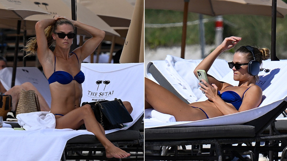 Model Nina Agdal relaxes on a beach chair while wearing a blue bikini in Miami.