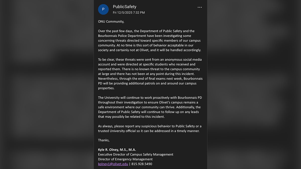 Email showing Olivet Nazarene University investigating