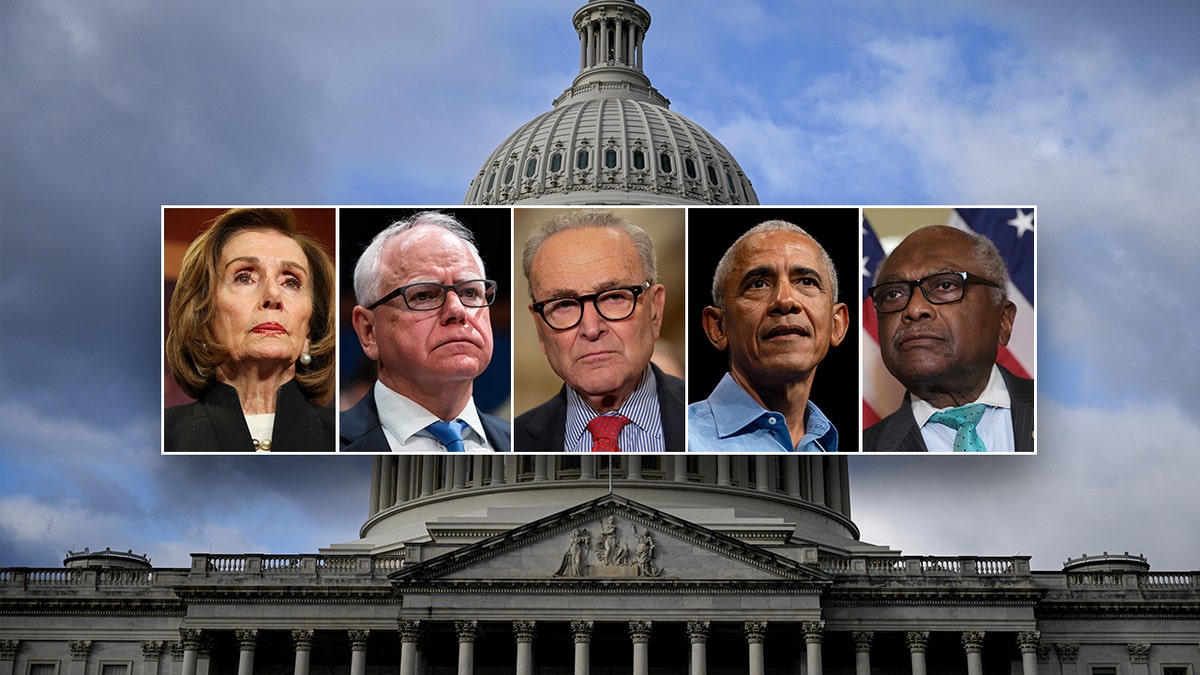 Nancy Pelosi, Tim Walz, Chuck Schumer, Barack Obama, and Jim Clyburn with the Capitol in the background