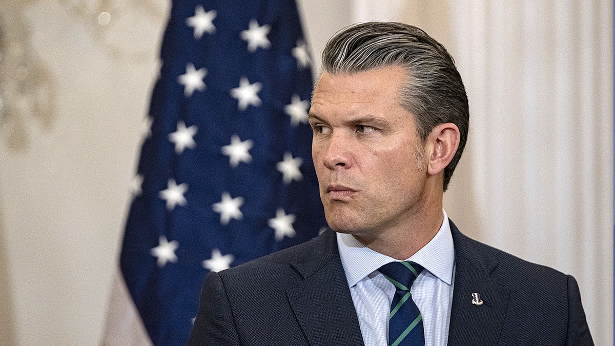 Secretary of War Pete Hegseth speaks at the State Department during bilateral talks with Australian officials.