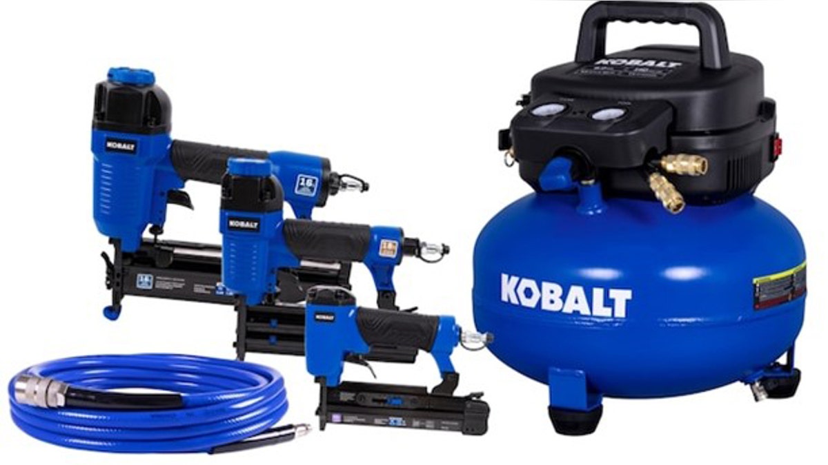 The air compressor comes with three different nailers. 