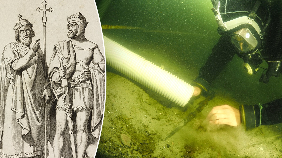 Ancient polish leader cartoon next to underwater excavation shot