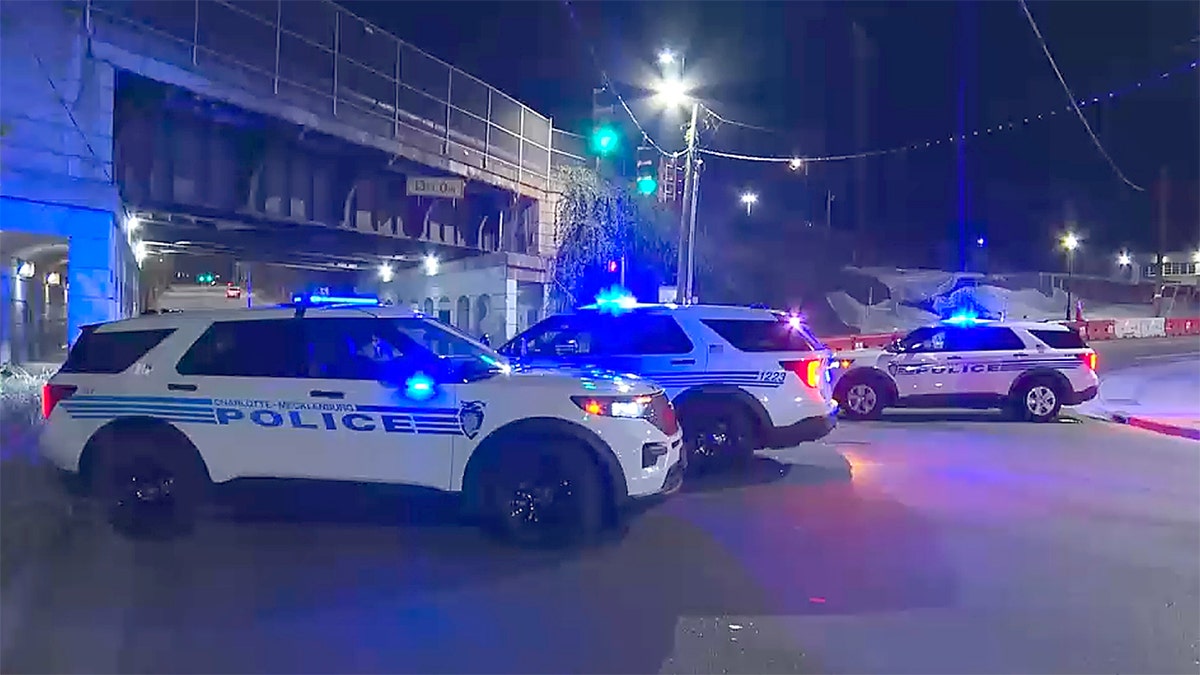 Three Charlotte-Mecklenburg Police vehicles with flashing blue lights block a street near an underpass at night.