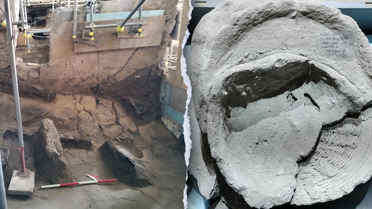Split image of excavation site, ancient plastered artifact