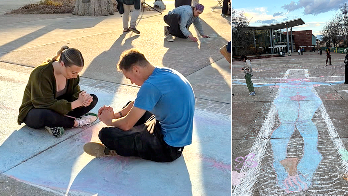 Colorado State University students praying, trangender Jesus drawing