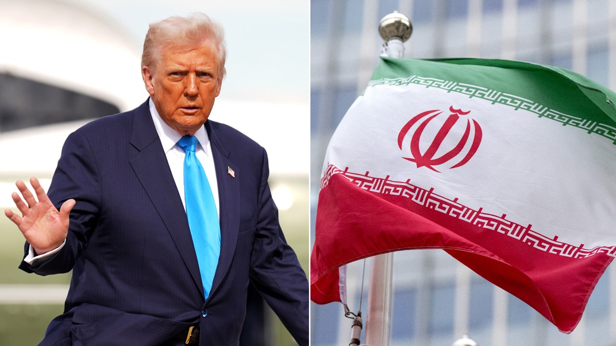 Left: President Donald Trump; Right: Iranian flag