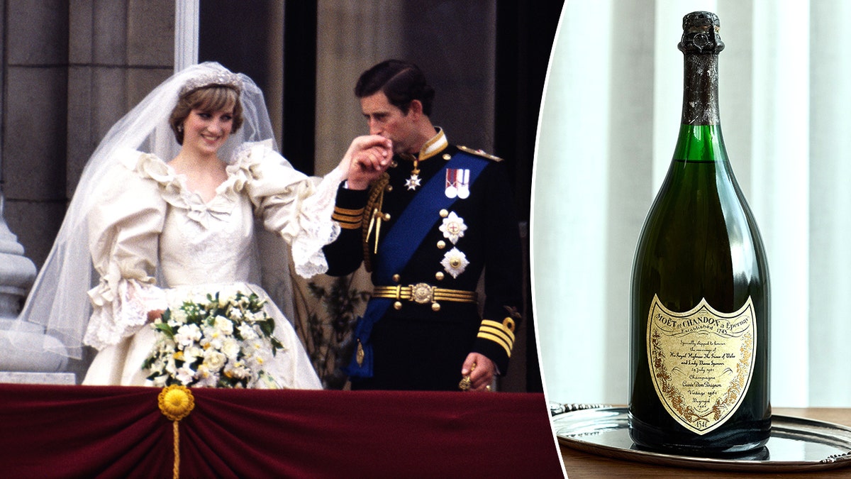 Charles and Diana at wedding, view of champagne bottle