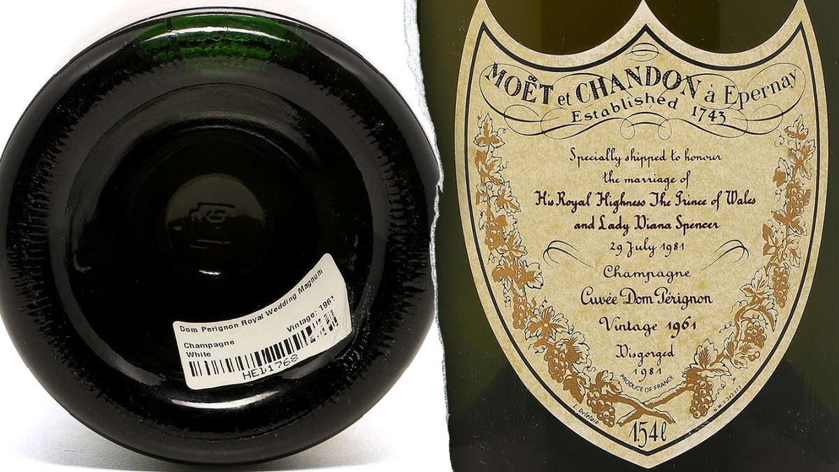Split image of bottom of champagne bottle, champagne label