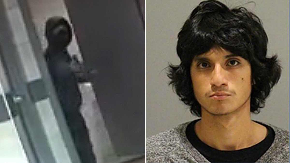 split photo of body footage of hooded suspect, mugshot