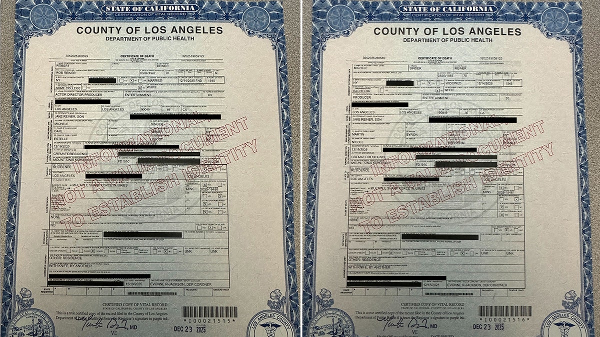 Death Certificates of the Michele and Rob Reiner