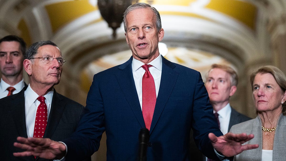 Senate Majority Leader John Thune, R-S.D., speaks at Senate GOP leadership press conference.