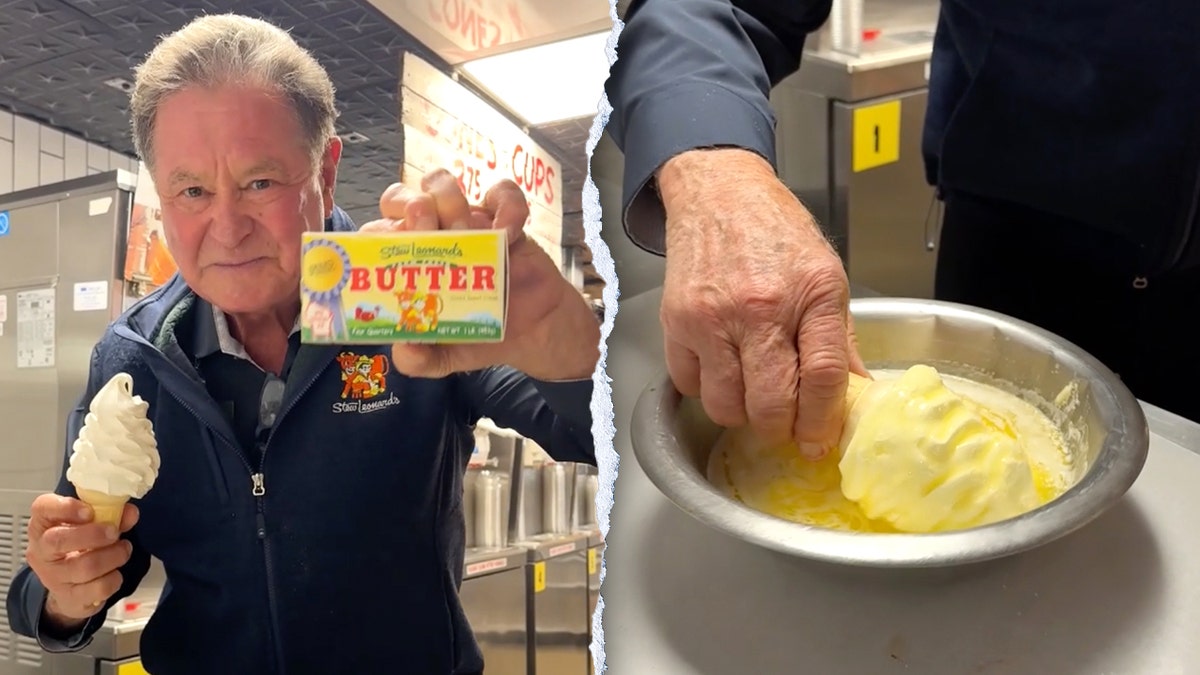 Stew Leonard Jr holding ice cream, dipping it in butter