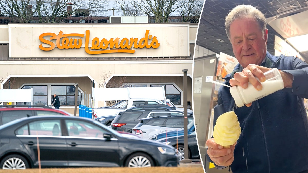 Split image of restaurant exteriors, Stew Leonard Jr