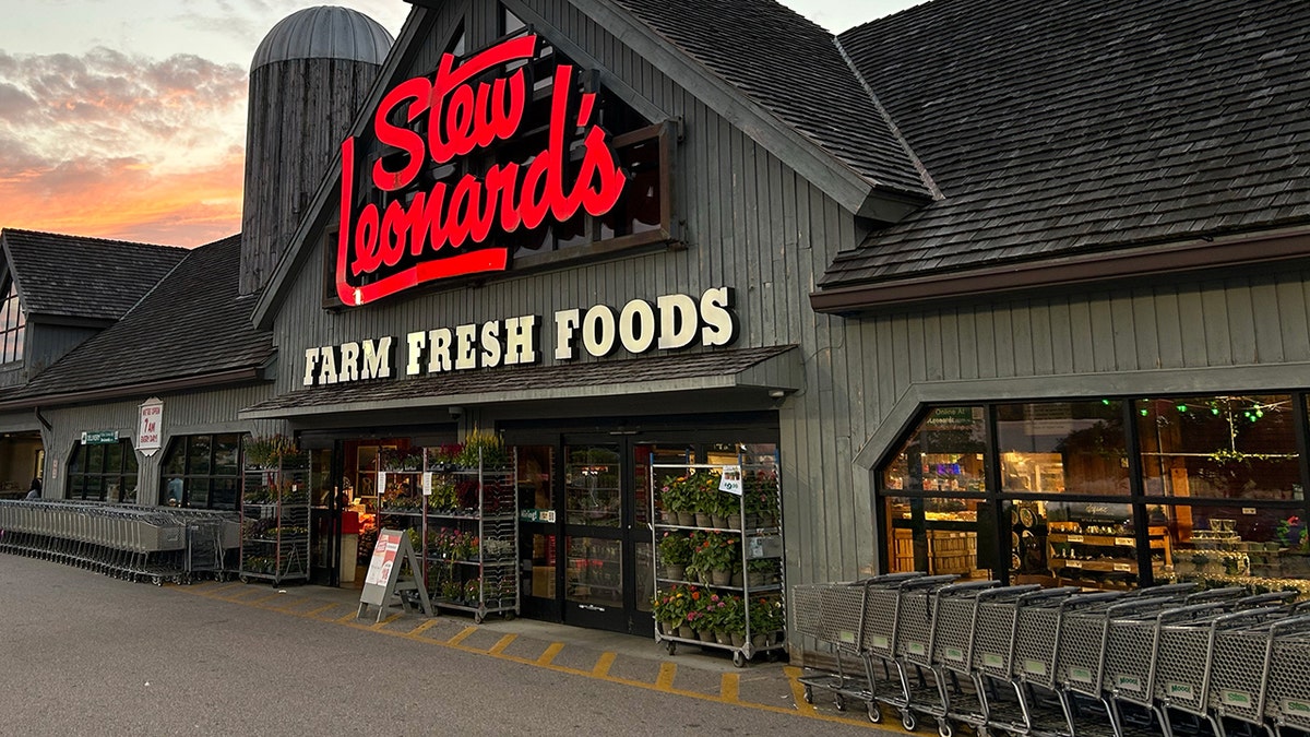 The outside of a grocery store with grey grocery carts, fresh flowers and plants, and a sign of the grocery store name.