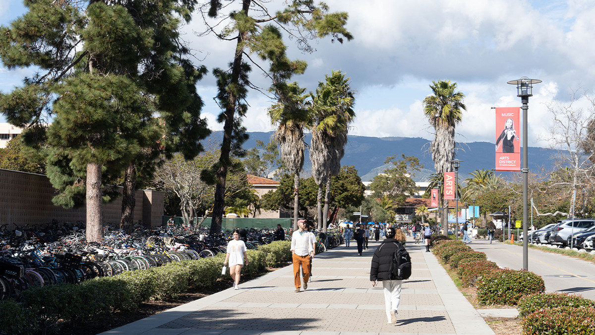 Walkway and students on the campus of the University of California at Santa Barbara