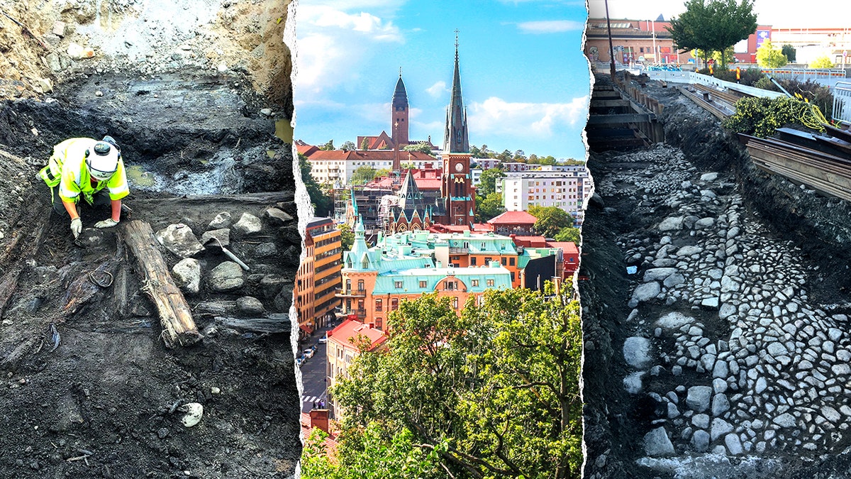 Split image of excavation, shot of modern-day Gothenburg