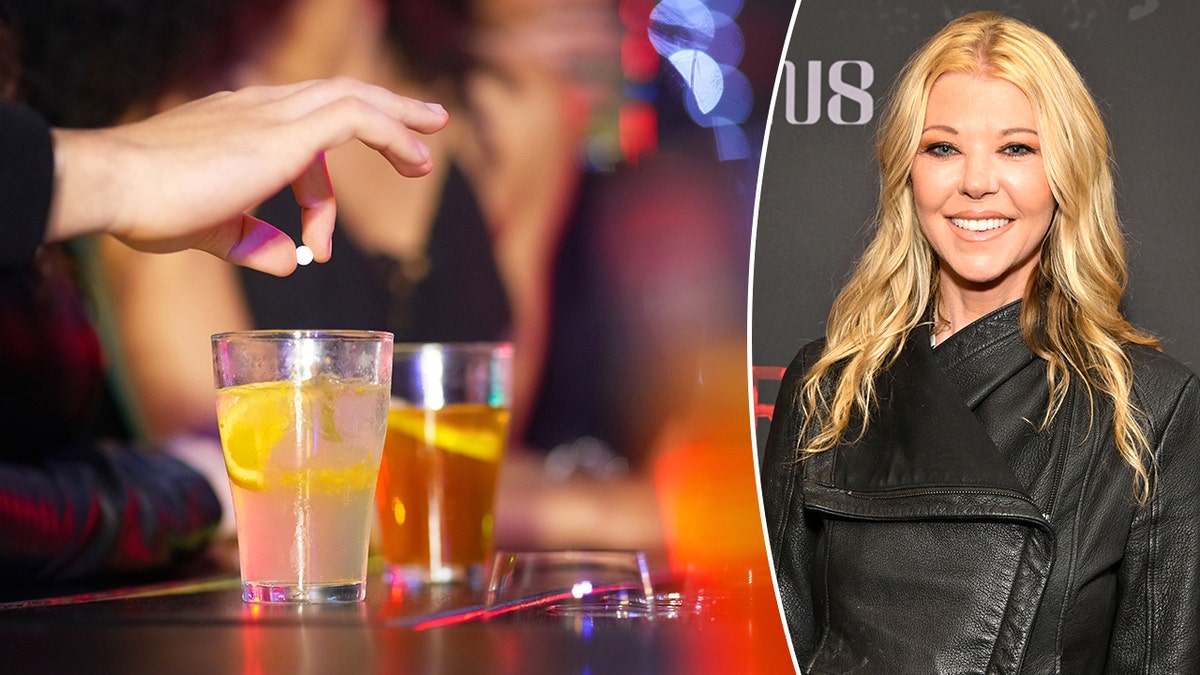 Split image of man drugging drink, Tara Reid smiling
