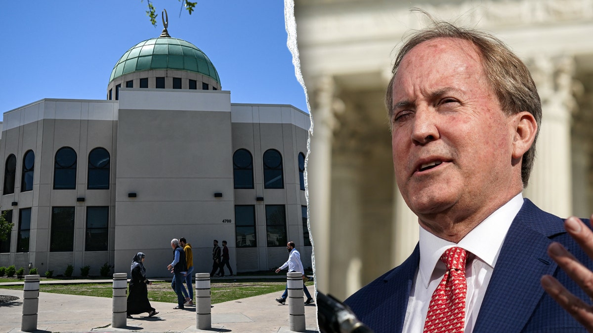 Texas Attorney General Ken Paxton speaking outside the mosque