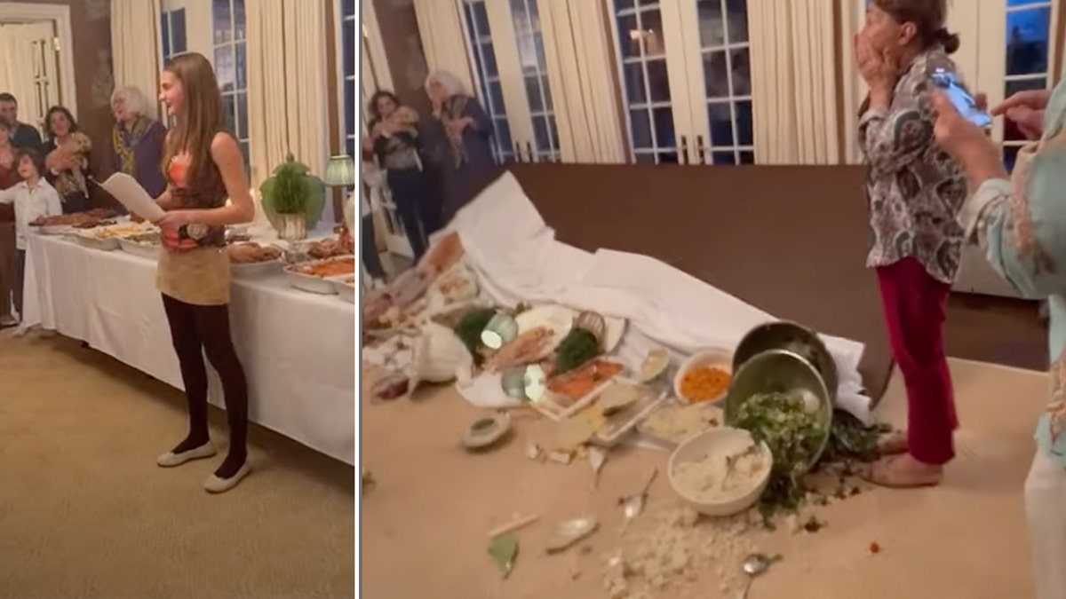 A split screen shows the moment before and after a large table holding a Thanksgiving meal collapsed.