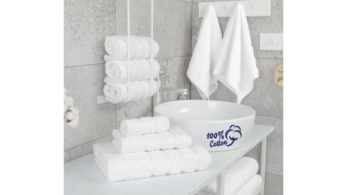 Switch to white fluffy towels to get that hotel-style look.