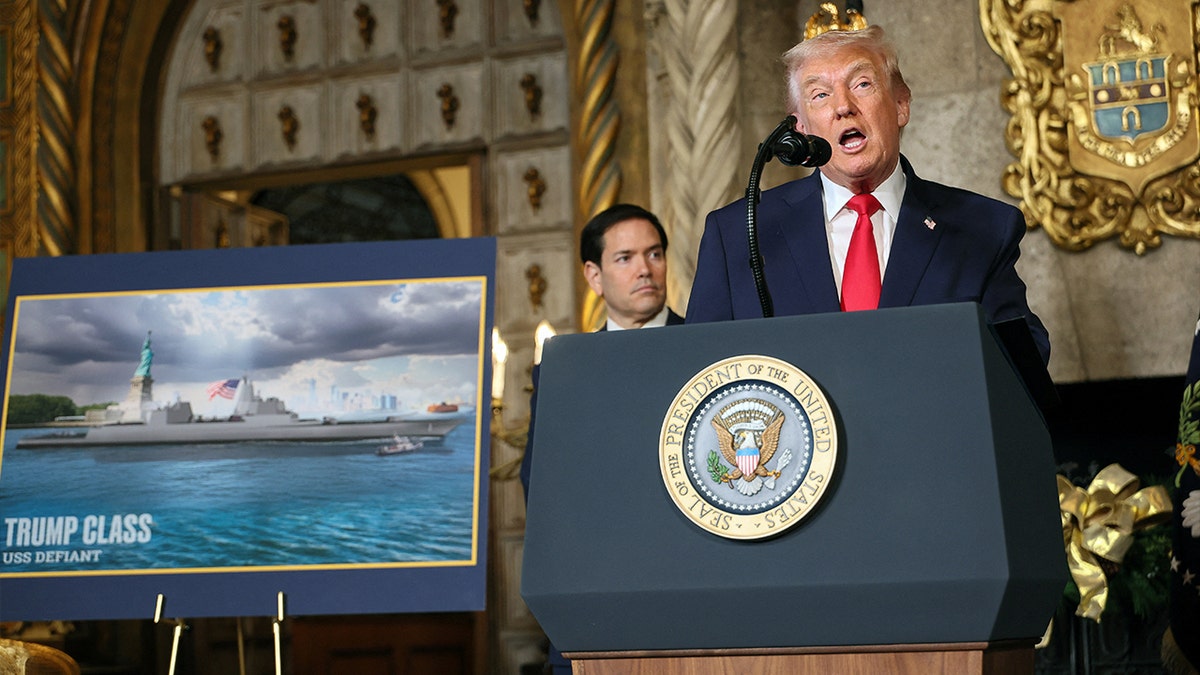 U.S. President Donald Trump makes an announcement about the Navy's "Golden Fleet", as Secretary of State Marco Rubio listens, at Mar-a-lago in Palm Beach, Florida, U.S., December 22, 2025.