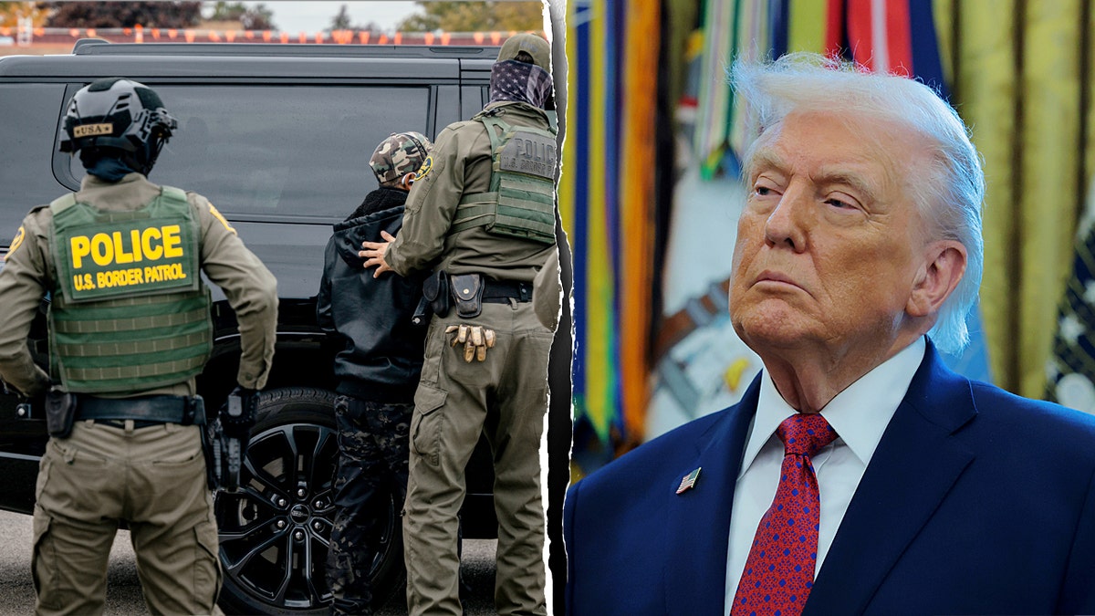 Donald Trump next to border patrol agents making an arrest.