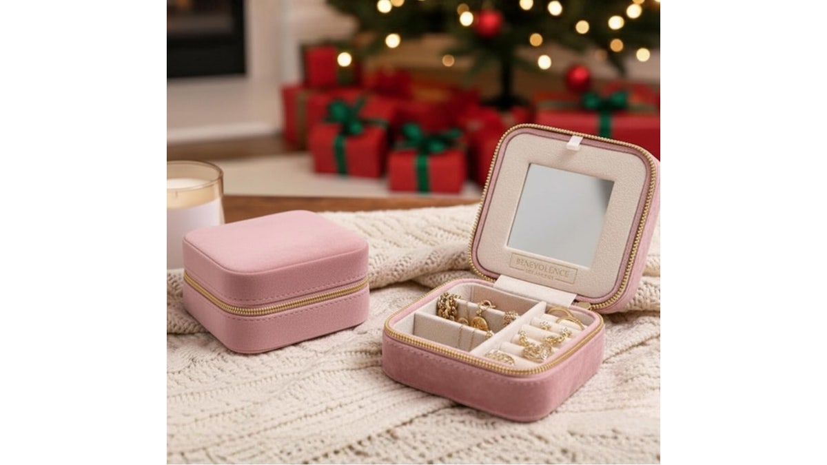 This travel-sized velvet jewelry case is small enough to slip into a travel bag.  