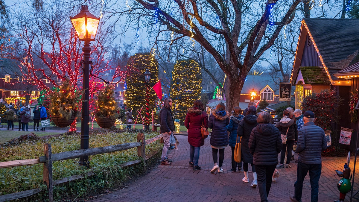 Visitors walking through a festive holiday village with trees and buildings decorated in colorful Christmas lights at dusk.