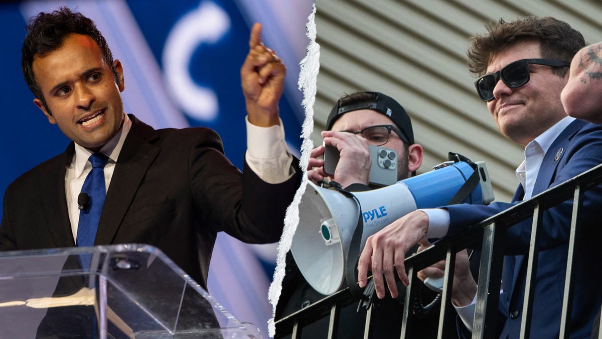 Vivek Ramaswamy gestures during speech and Nick Fuentes holds a megaphone