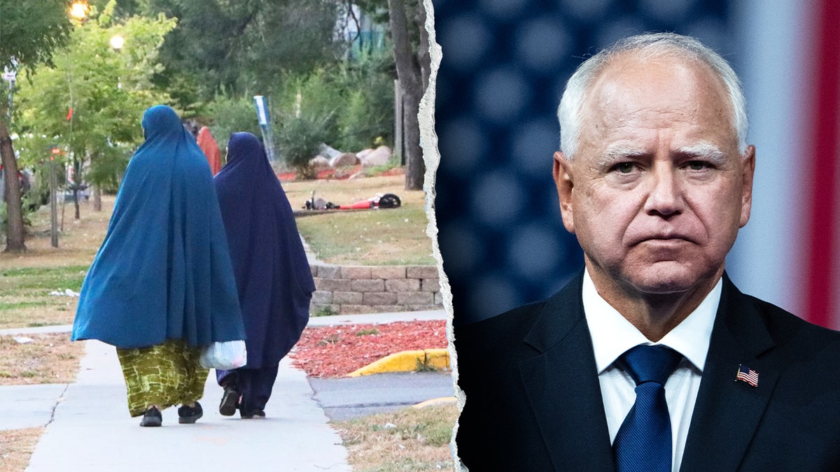 Split image of two Somali women walking in Minneapolis and Gov. Tim Walz looking serious.