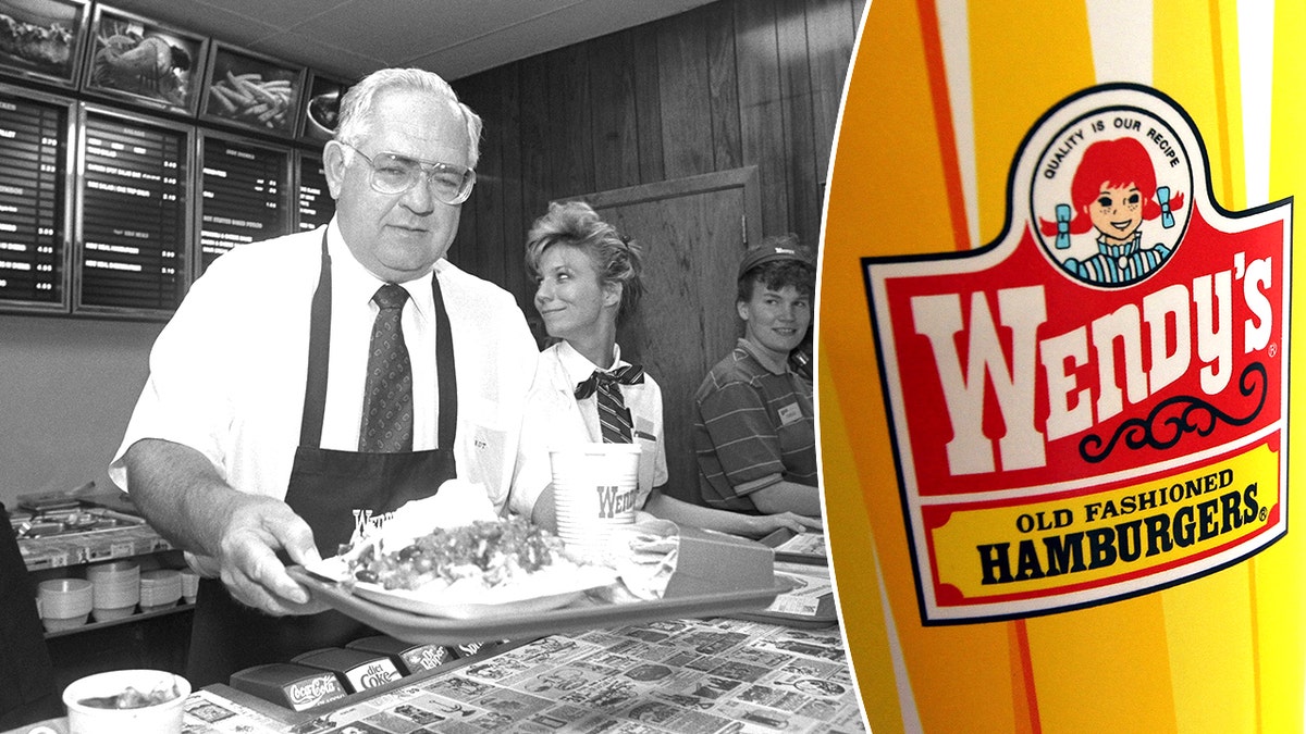 Dave Thomas serving fries next to Wendy's cup