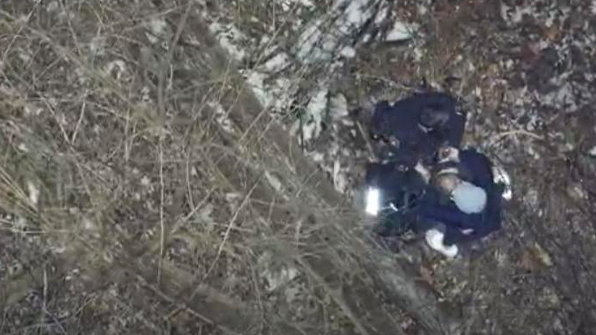 Authorities working in a wooded area.