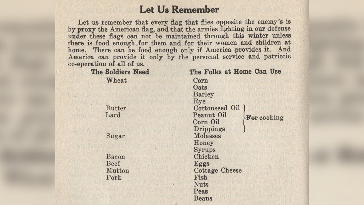 Let Us Remember excerpt from World War I-era cookbook.