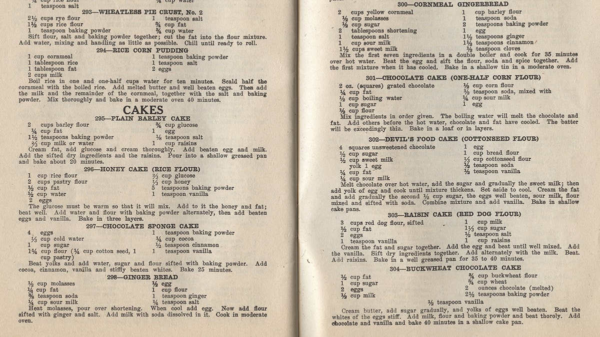 Pages from WWI rationing cookbook on cakes and other baked goods.