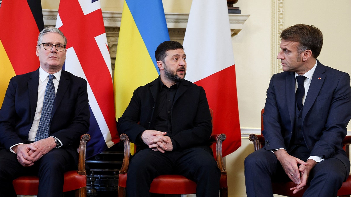 British Prime Minister Keir Starmer, Ukrainian President Volodymyr Zelenskiy, and French President Emmanuel Macron sit with German Chancellor Friedrich Merz (not pictured) at 10 Downing Street, in London, Britain, December 8, 2025.