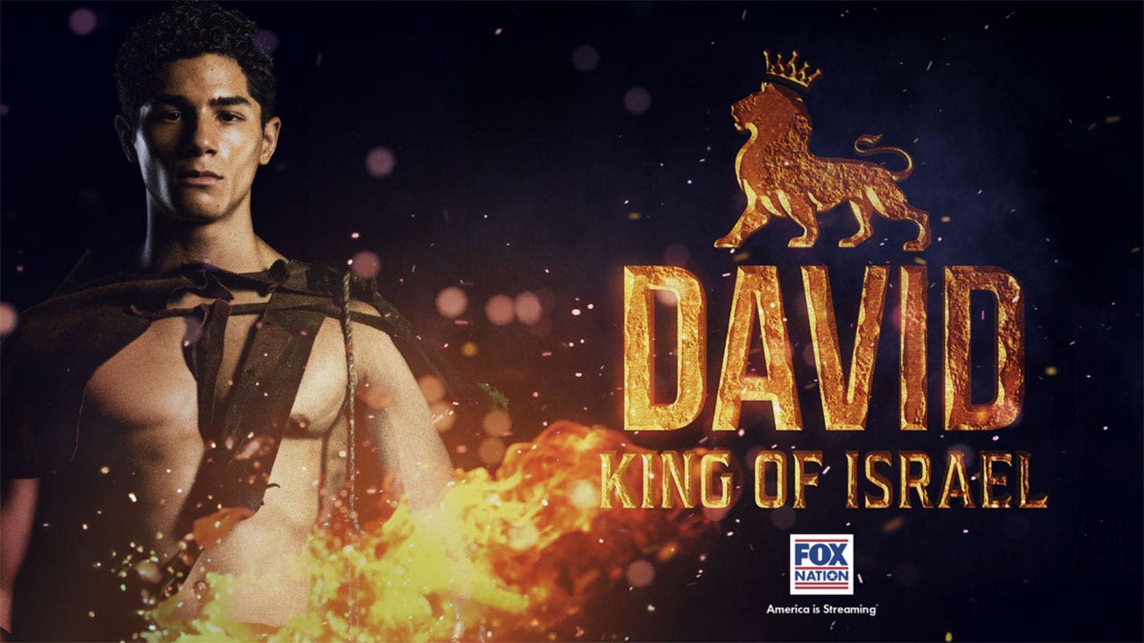 Promotional image from Fox Nation docudrama David: King of Israel, featuring a cinematic depiction of the biblical King David's story