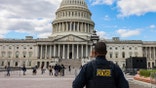 Capitol Police officer looks at the Capitol building