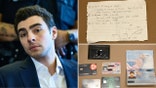 (L) Luigi Mangione and (T) an escape route map (B) bank cards and personal identification