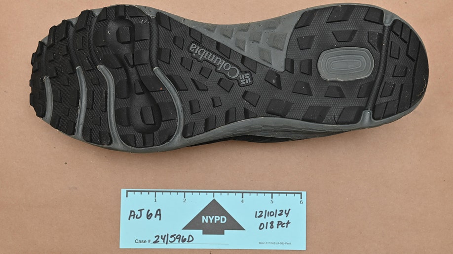 Evidence photos of Luigi Mangione's sneaker from the apprehension  for UnitedHealthcare CEO Brian Thompson murder
