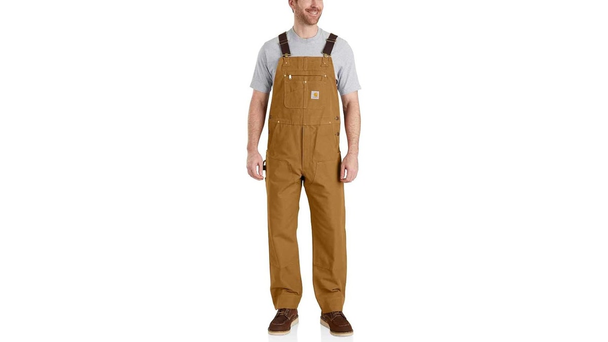 Adjust these tough overalls with the elastic suspenders. 