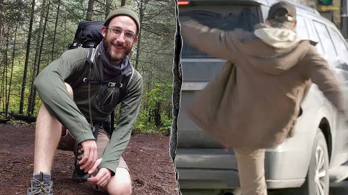 Alex Pretti hiking (L) and him kicking a federal SUV