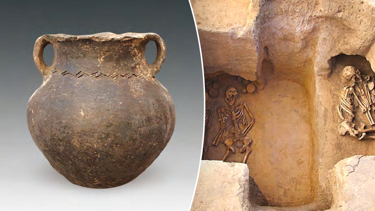 Imagen dividida del barco y las tumbas del yacimiento.